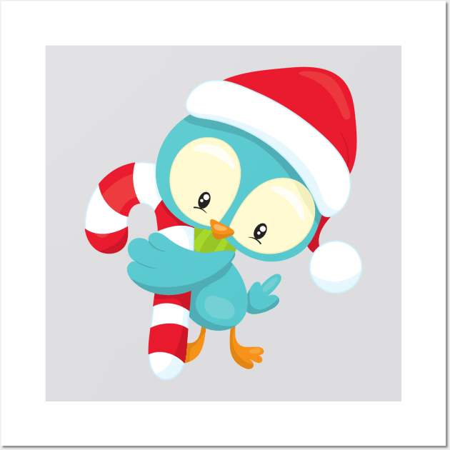 Christmas Bird, Cute Bird, Santa Hat, Candy Cane Wall Art by Jelena Dunčević